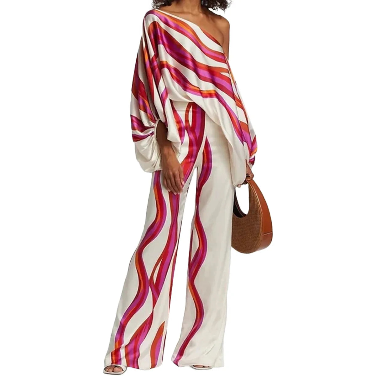 CM.YAYA Women Set Full Batwing Sleeve Slash Neck print Top + Wide Leg Pants Summer Street Two 2 Piece Sets Sexy Outfit Tracksuit