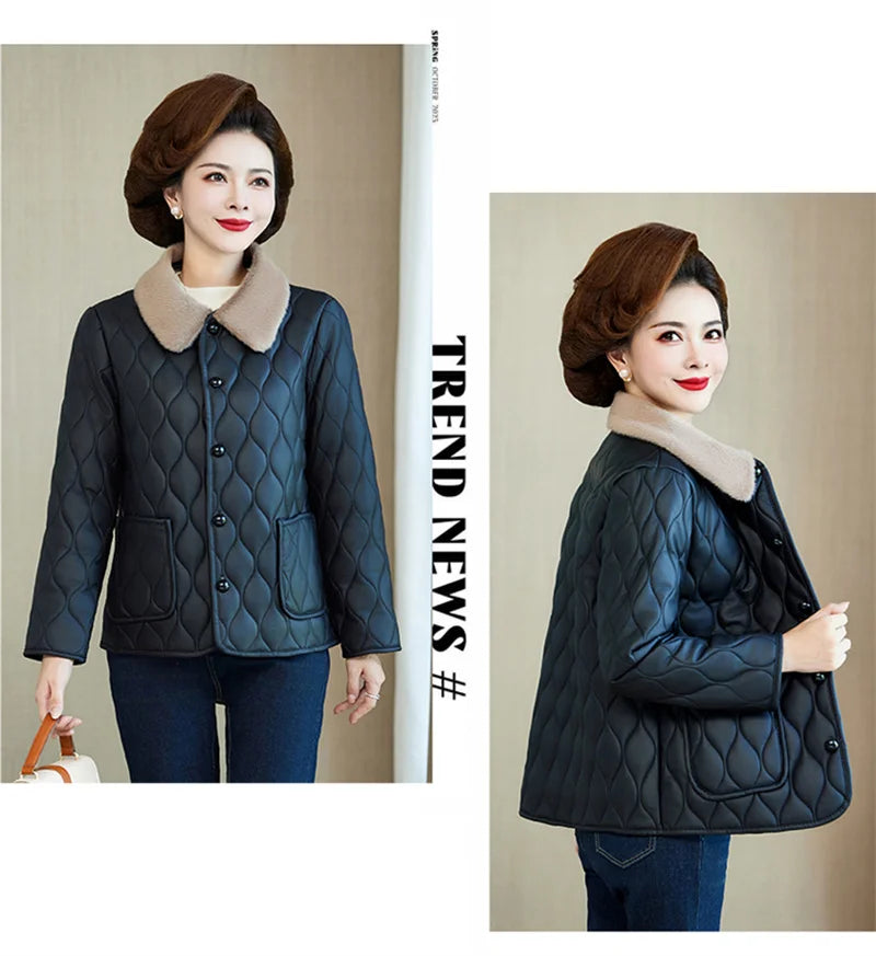 Winter Plush Jacket Winter Mom's Fashion Plus Size Loose Thick Fur Collar Coat For Mid-Aged Women With Velvet Warm Quilted Coat