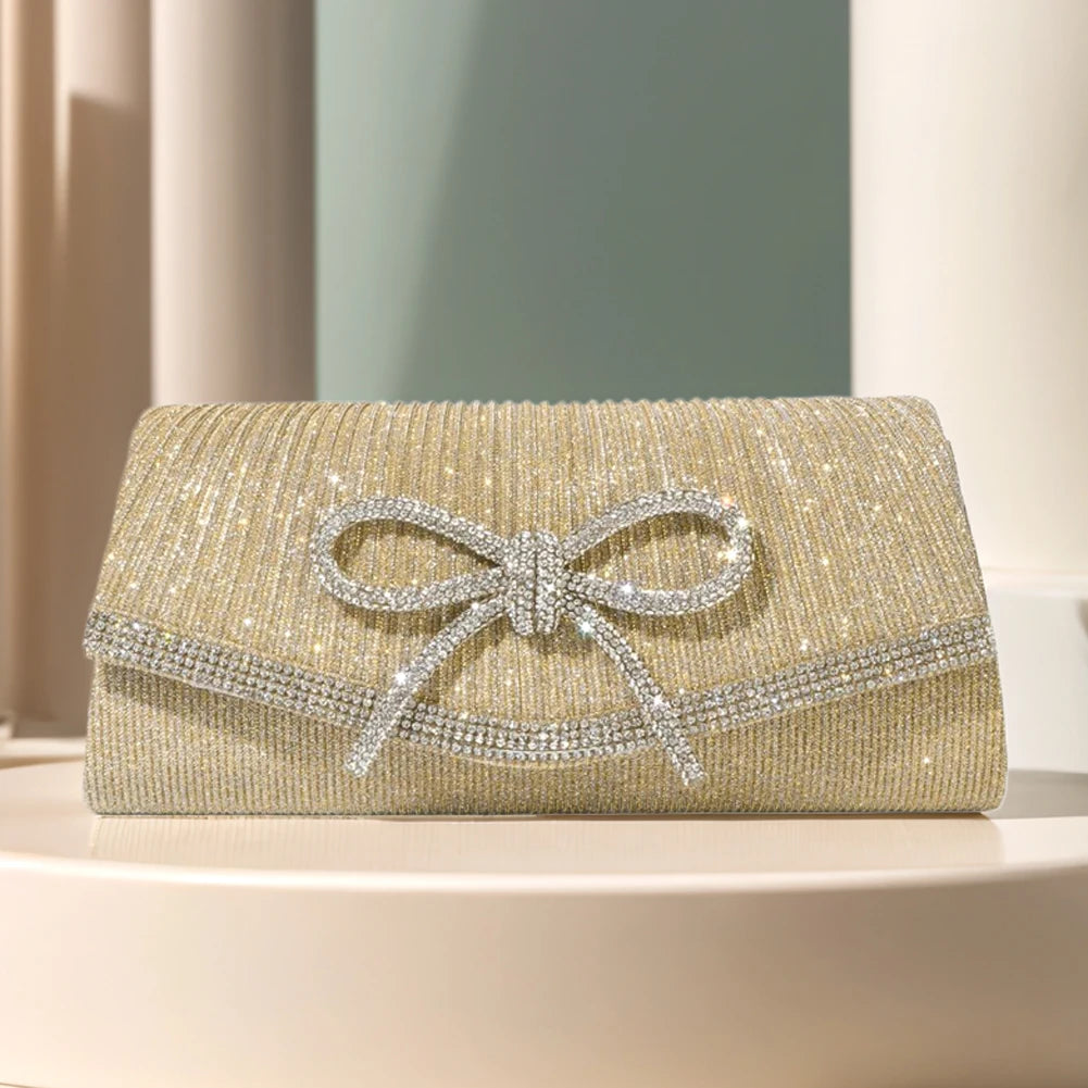 Women Evening Bag Bow Shoulder Bag Glitter Rhinestone Hobo Bag Adjustable Strap Wedding Party Purse