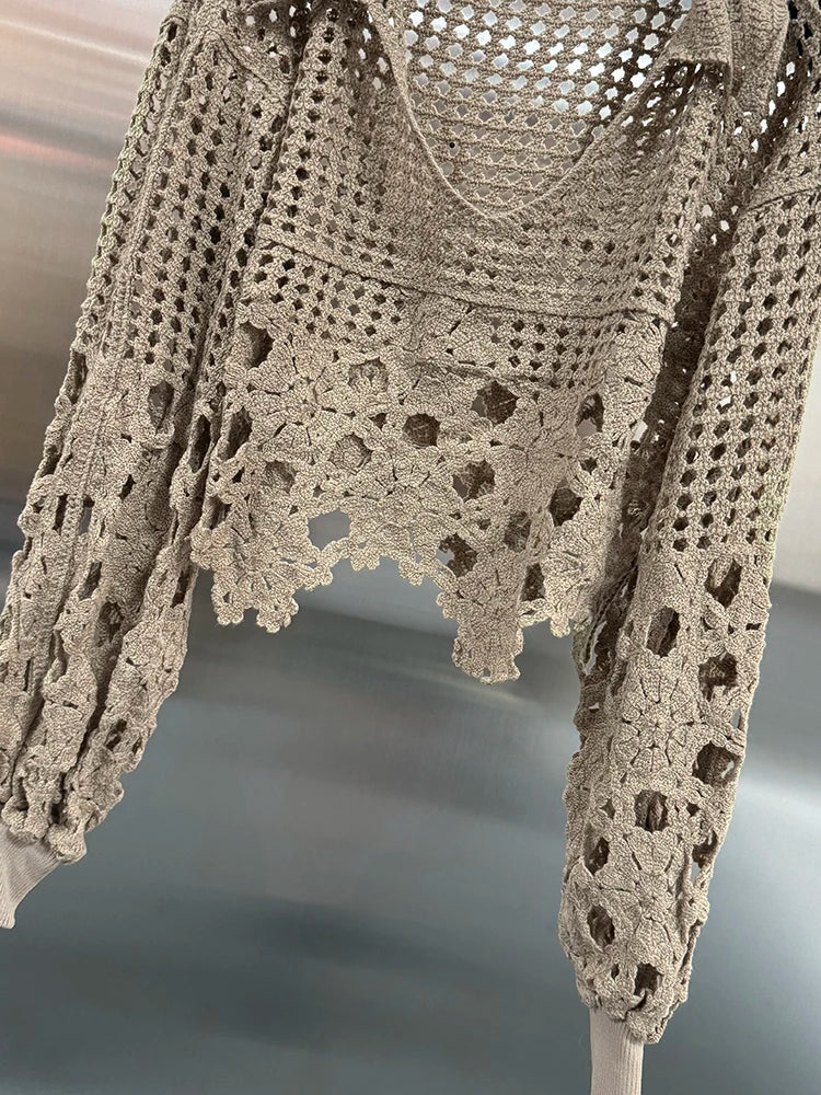 VGH Hollow Out Solid Sheer Short Shirts For Women Lapel Lantern Sleeve Minimalist Casual Loose Pullover Blouses Female Fashion