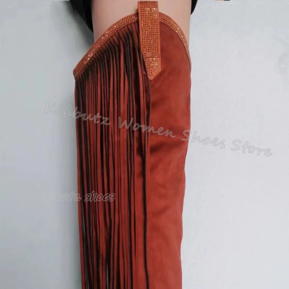 Fringe Over The Knee Sandal Boots Suede Fashion Novelty Sexy Elegant Comfortable Women Shoes New Pointed Toe Thin Heels Slip-On