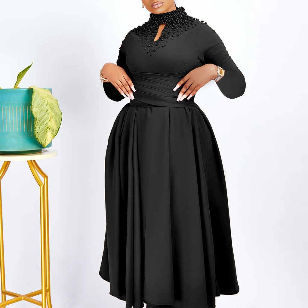 Fashionable High-collar Elegant Embroidered Large Dress Women Waist-shaping African Dress Trendy Plain Pattern Long Skirt