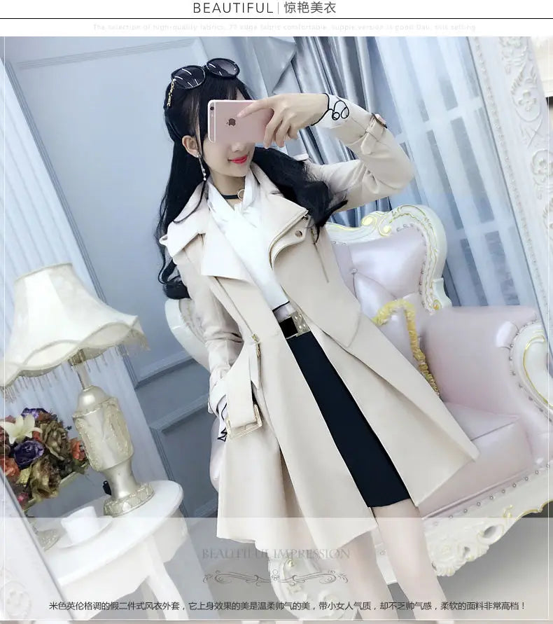 2025 Spring and Autumn Women's Windbreaker Beige British Trench Coat Mid Length Long Sleeved Fashionable Clothing