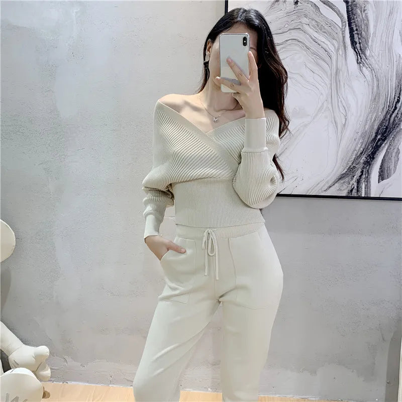 2 Piece Sets Women Knitting Outfits V Neck Pullover Sweater Pockets Drawstring Pencil Pants Slim Fit Suit Casual Knit Ensemble