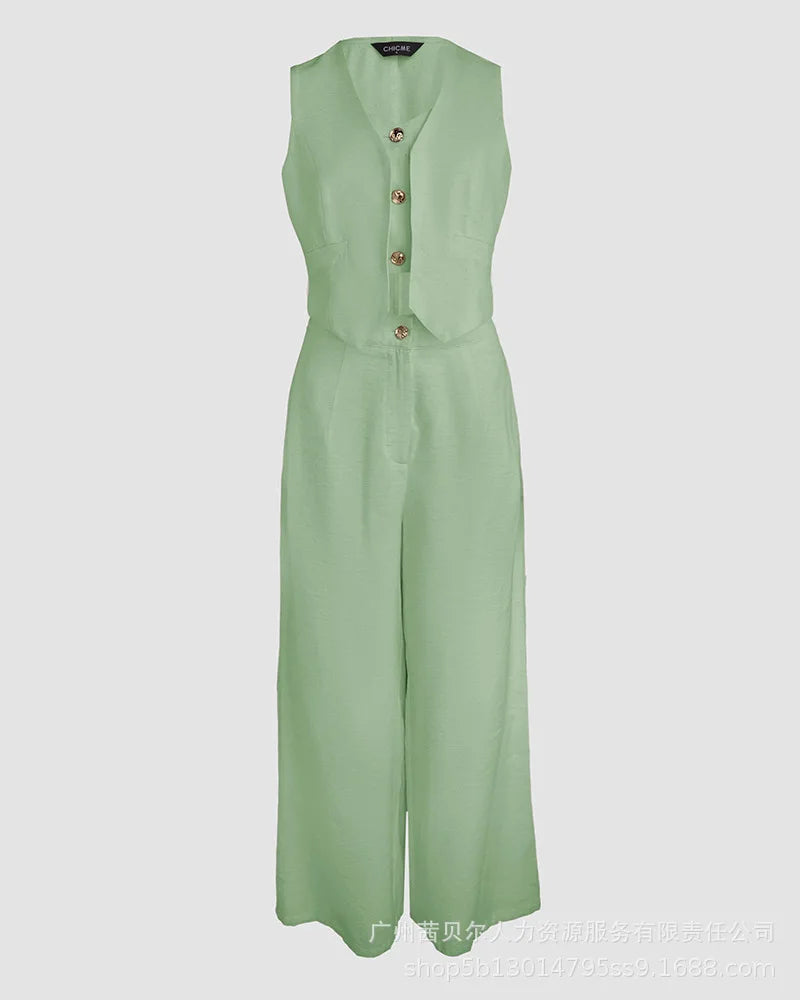 Women New 2 Pieces Outfits Metal Button Decor V Neck Sleeveless Tank Top and Casual Plain Loose Fit Pants Set