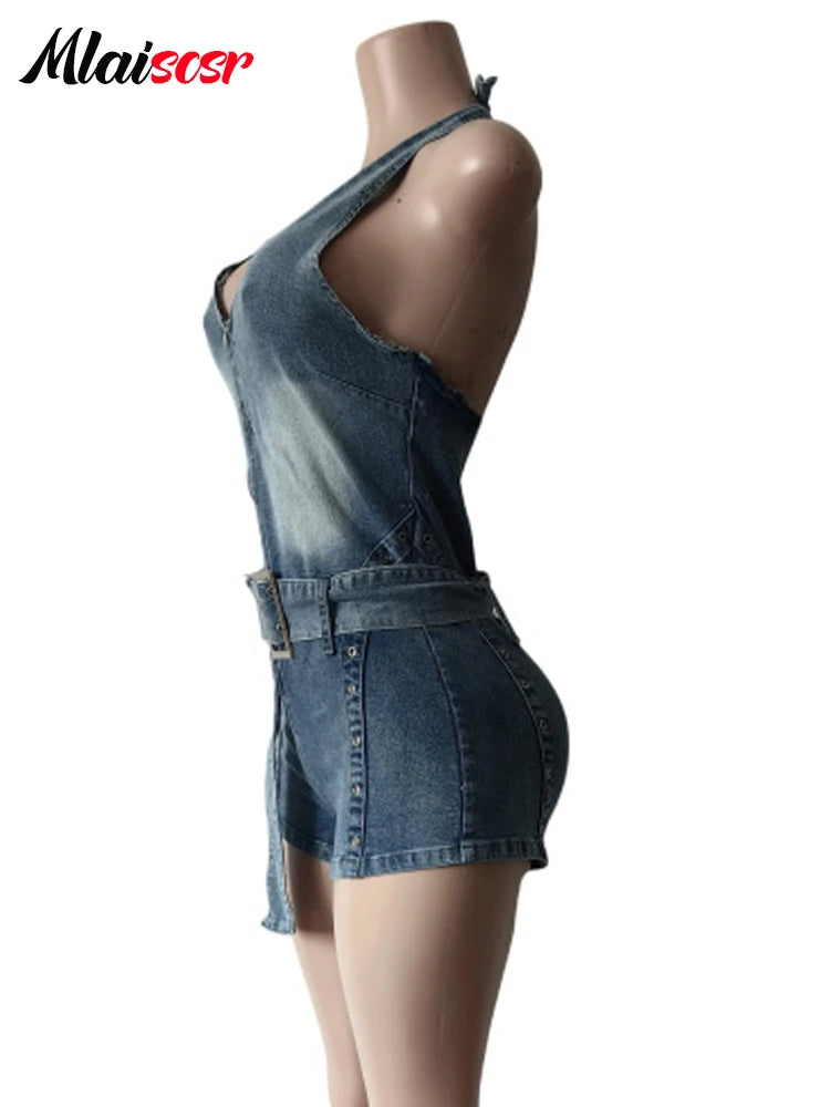 Mlaiscsr Blue Sleeveless Halter Backless Zipper Sashes Playsuits Jean Summer Women Fashion Streetwear Denim Shorts Jumpsuit y2k