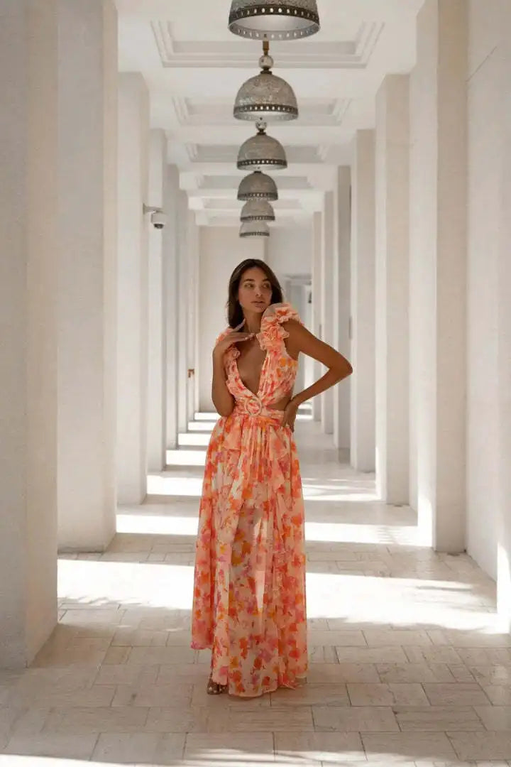 Summer Spring Women's Clothing Dress Hollow Out Slim Deep V Ruffle Edge Floral Backless Dress Loose Maxi