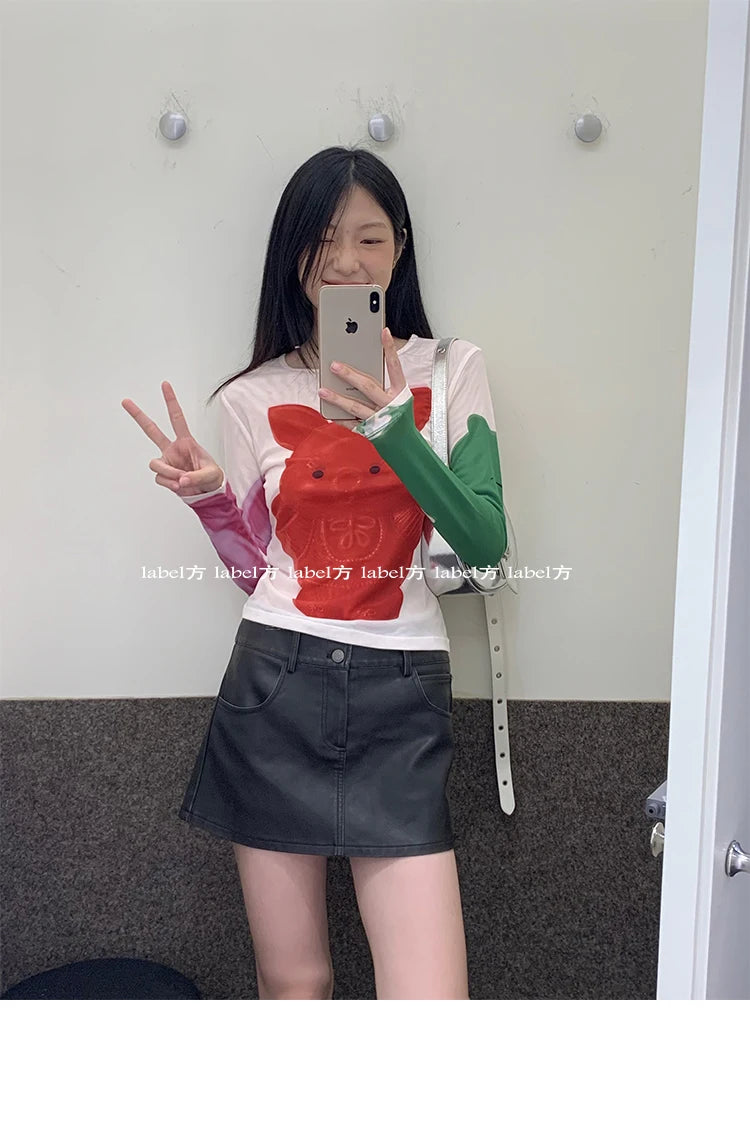 Karrram Y2k Aesthetics Mesh Tops Japanese Harajuku Cartoon Print T-shirt 2000s Vintage Cute T Shirt Korean Style Dopamine Tops