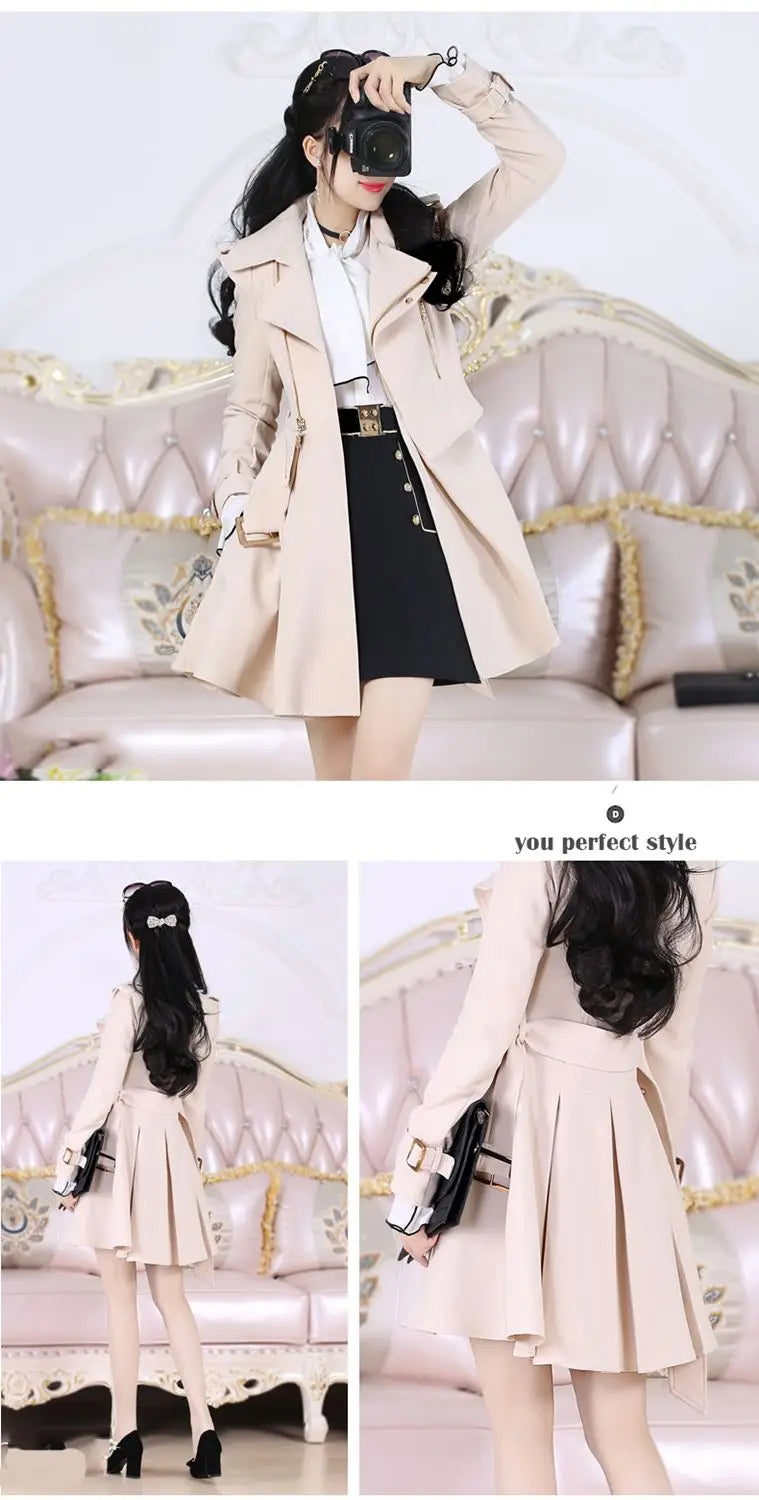 2025 Spring and Autumn Women's Windbreaker Beige British Trench Coat Mid Length Long Sleeved Fashionable Clothing