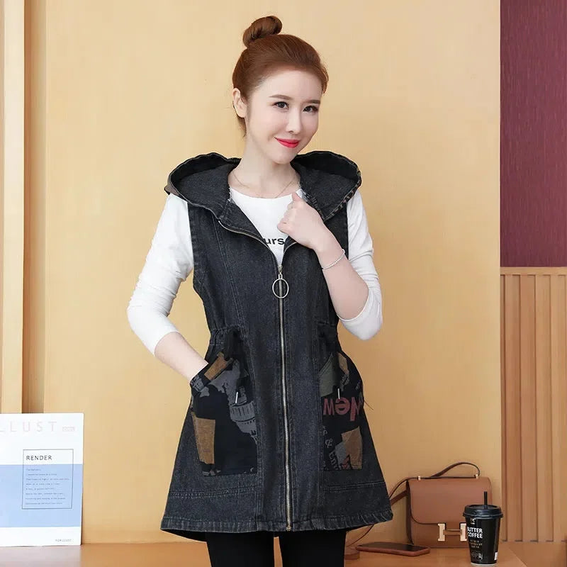 Mid-length Waist Collection Slimming Hooded Cowboy Vest Female 2024 Spring Autumn Korean Version Casual All-matching Vest Coat X