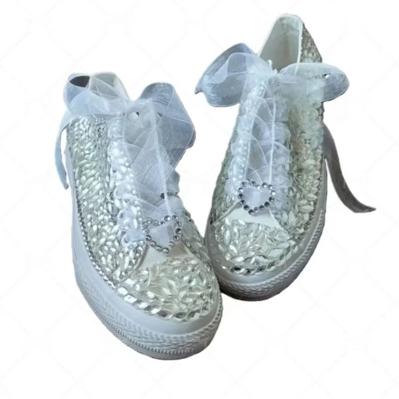 Sparkling Crystal Lace-Up Low Top Canvas Shoes for Women