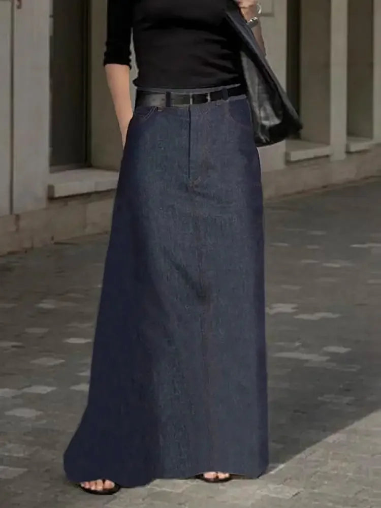 Fashion Imitation Denim H-Line High Waist Skirts Spring Summer Loose Solid Color Pockets Maxi Skirt For Women