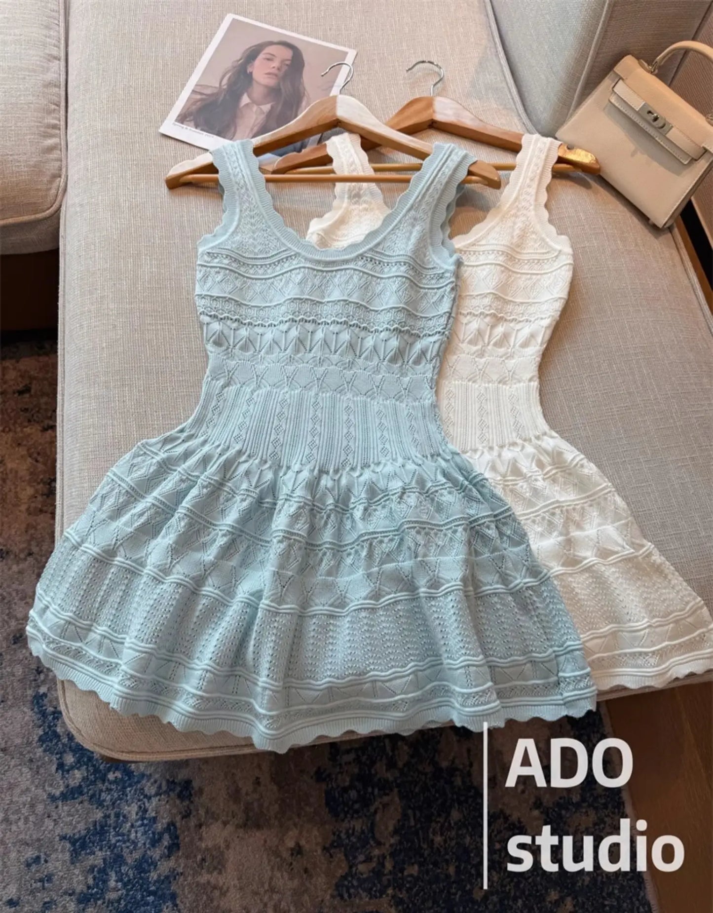 White Sweet A-line Ruffle Edge Knitted Vest Dress Women's Summer French Fashion Slim Temperament Sexy Girl Hollow Short Dress
