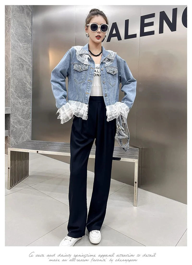 2025 Spring Autumn Women's Nail Bead Short Denim Jacket Female New Korean Version Design Sense Fashionable Lace Edge Jacket Top