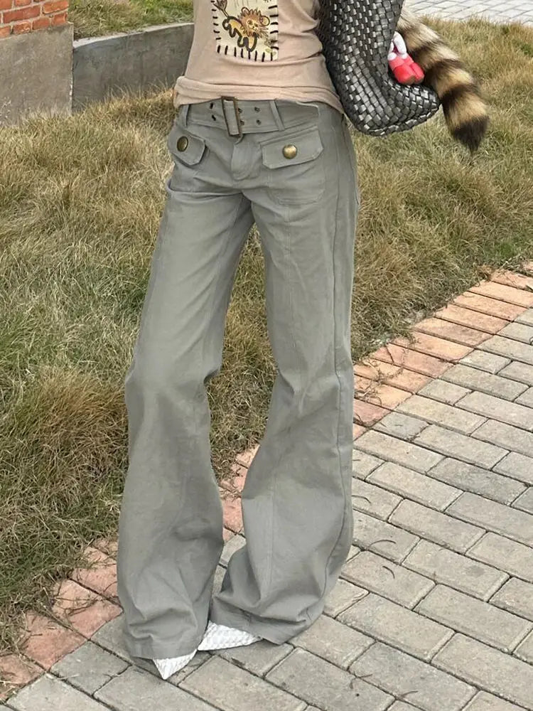 American Block Multi-pocket Functional High-waist Composite Design Waist Work Pants Women Gray Straight Slimming Floor Trousers