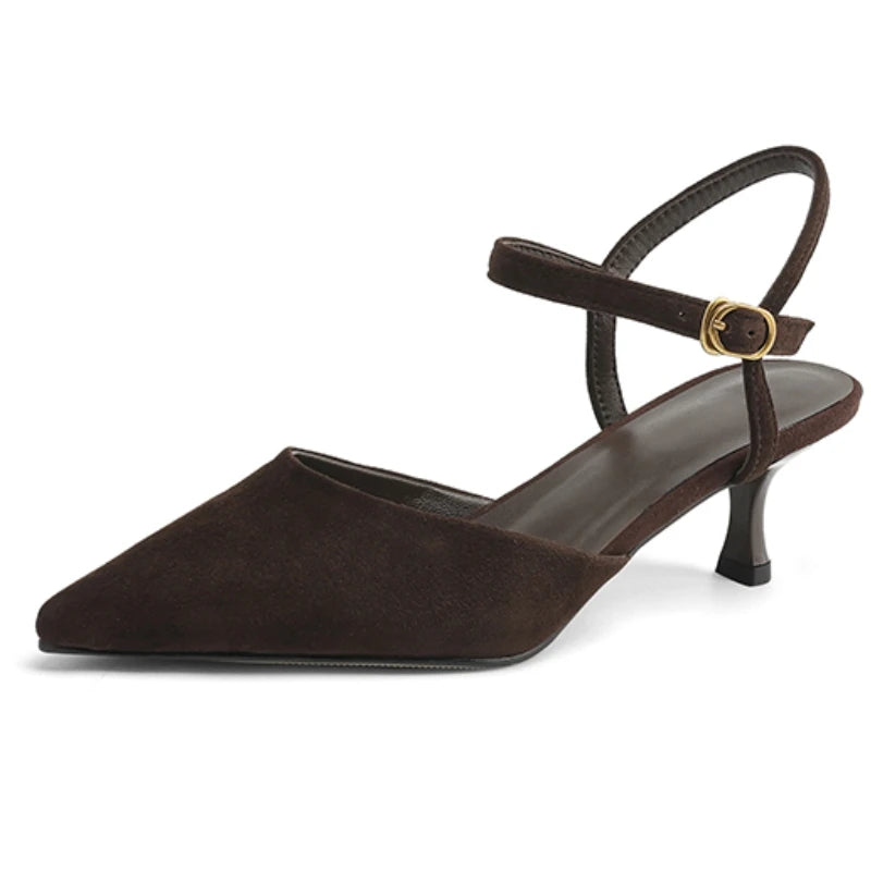 Black Pointed Leather Ankle Strap Heels