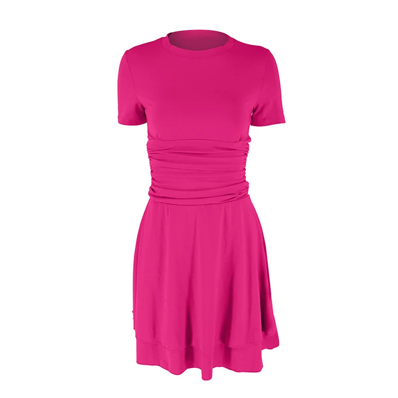 New Dresses Summer Women Sexy Solid A-Line Dress Streetwear Fashion Folds O-Neck Short Sleeve Casual Slim Female Elegant Dresses