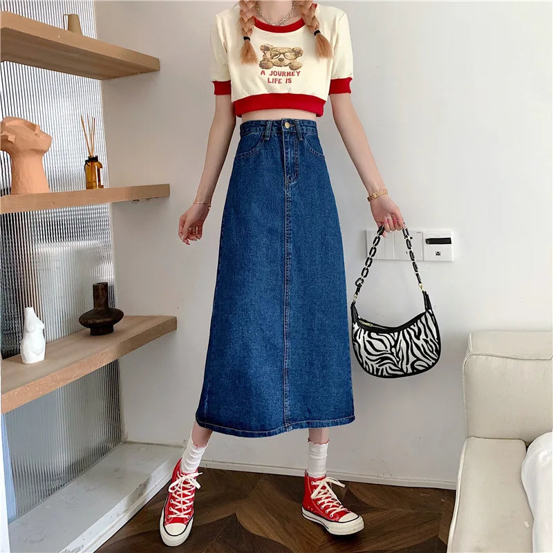New 2022 Spring-Autumn Medium-Length Denim Skirt For Women High-Waisted Slimming Plus Size Curvy Girls A- Line Hip Covering Skir