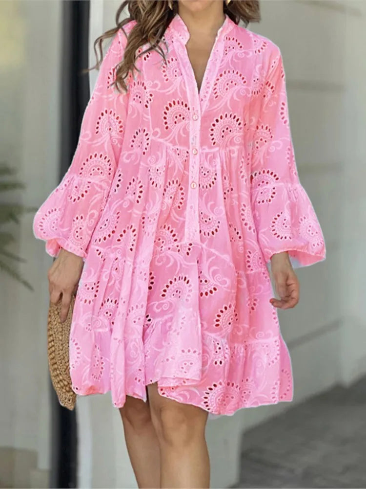 Summer Women Hollow Out Dresses Elegant Vintage Solid Lace V-neck Loose Embroidery Long Sleeve Mini Dresses