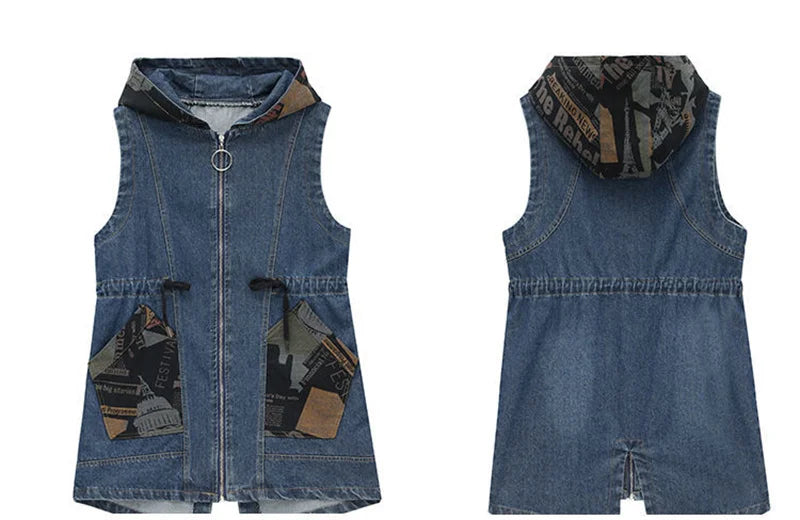Mid-length Waist Collection Slimming Hooded Cowboy Vest Female 2024 Spring Autumn Korean Version Casual All-matching Vest Coat X