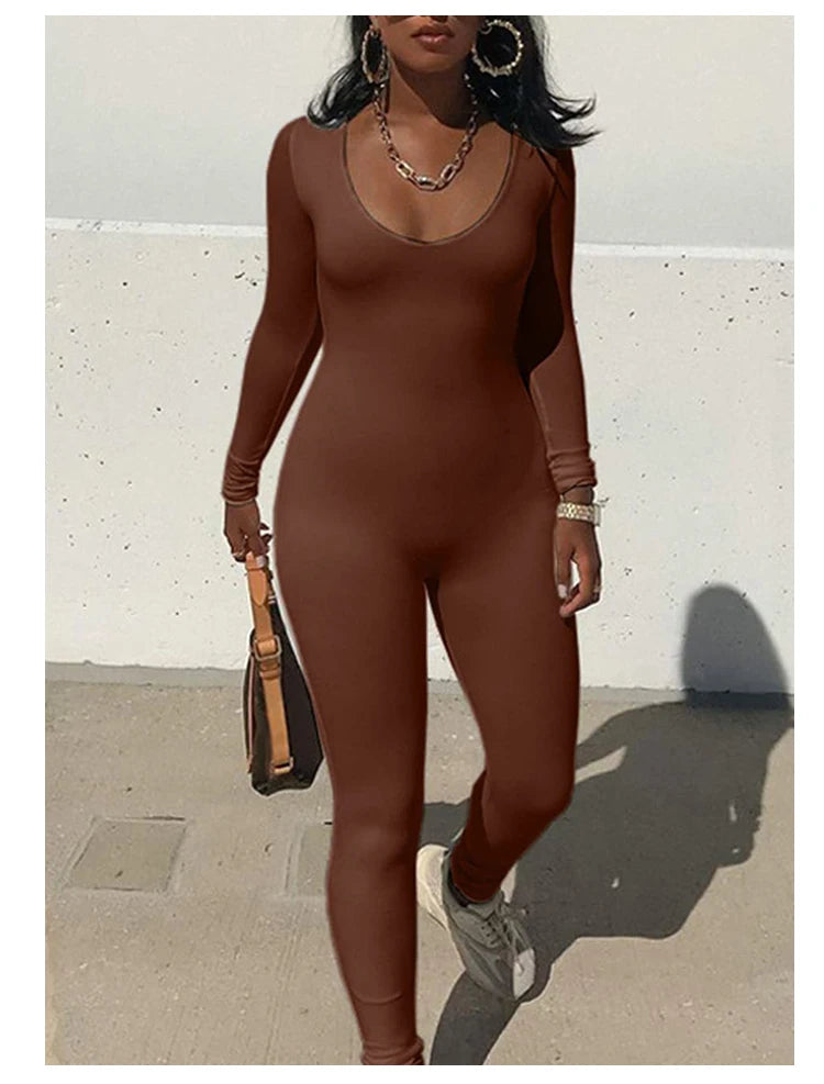 Spring Summer New Women's Long Sleeve Solid Color Skinny Jumpsuit Fashion Sports Fitness Pullover Casual Wear