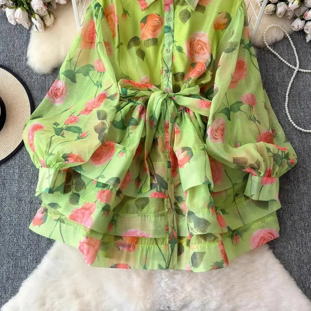 Women Lantern Sleeve Floral Print Lace Up Belt Summer Ball Gown Cute Dress Holiday Gorgeous Flower Ruffles Layer Cake Mini Dress