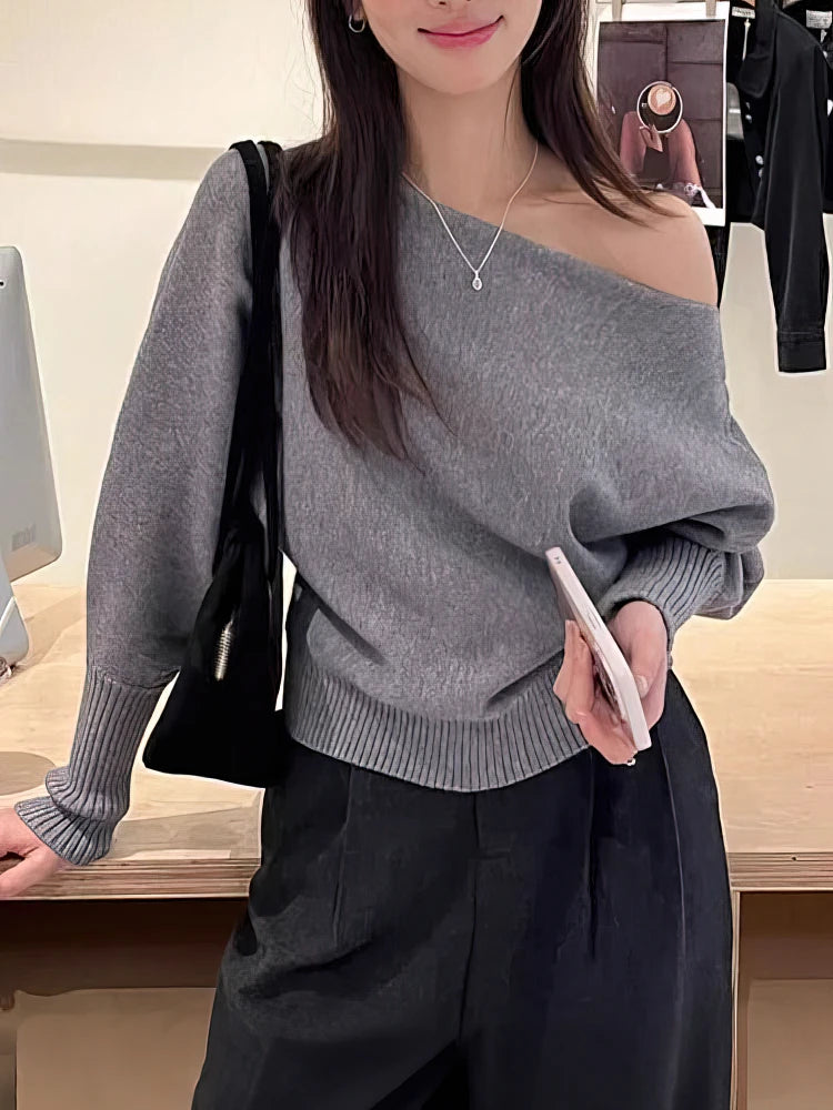Batwing Long sleeve Knitted Pullover Women Solid color Off shoulder Top Korean Fashion Sweater Loose Casual Autumn Outwear Pull