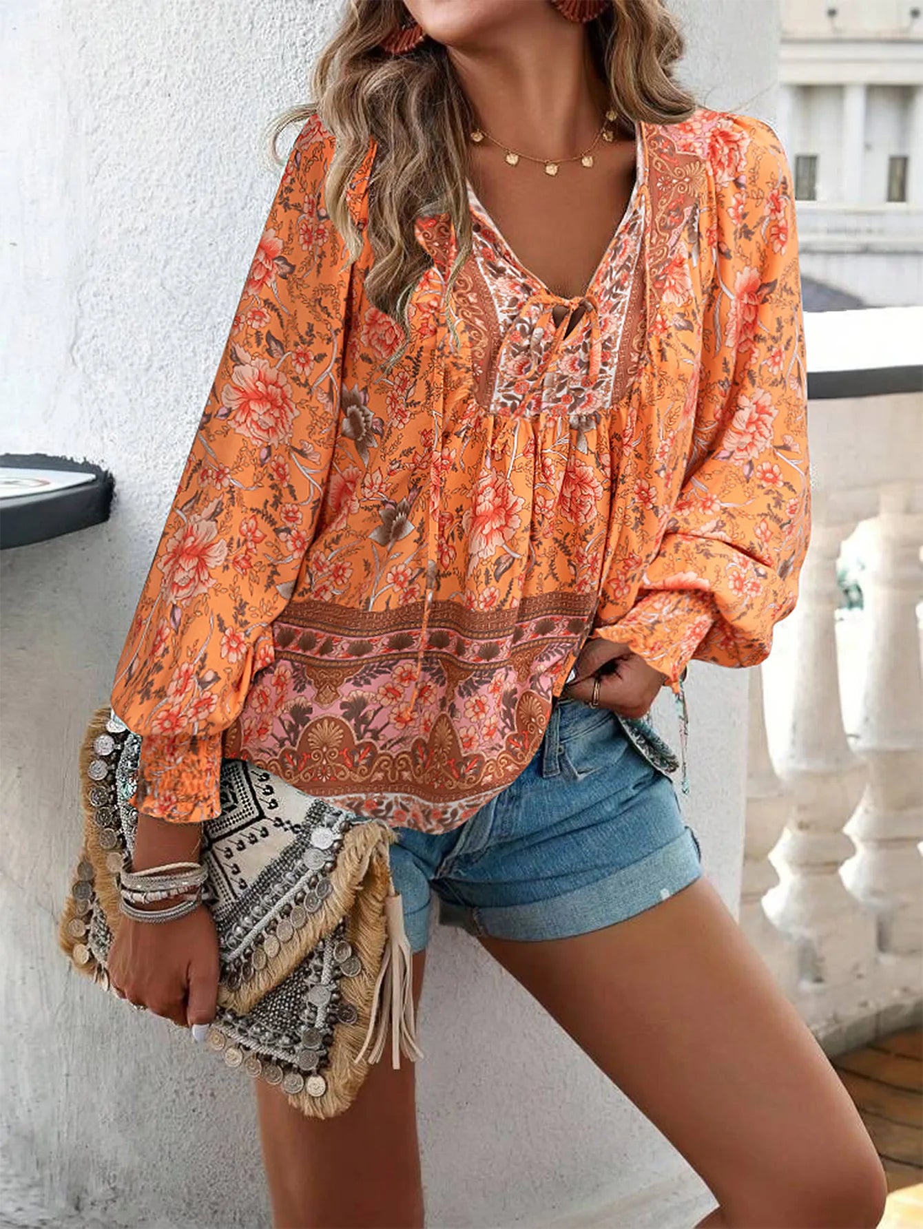 2025 Spring Summer Printed Shirt Women Elegant Chiffon V-neck Long-sleeve Top