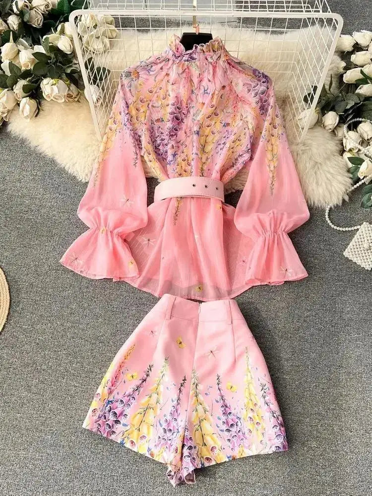 Women's Outfits Bright Silk Chiffon Shirt Blouse Top + Belt Shorts Two Piece Sets Summer Holidays Lavender Flower Shorts Suit