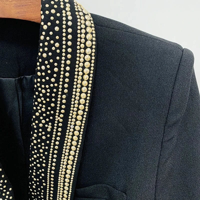 HIGH STREET Newest 2024 Stylish Designer Jacket Women's Metal Sheets Beading Belted Shawl Collar Blazer