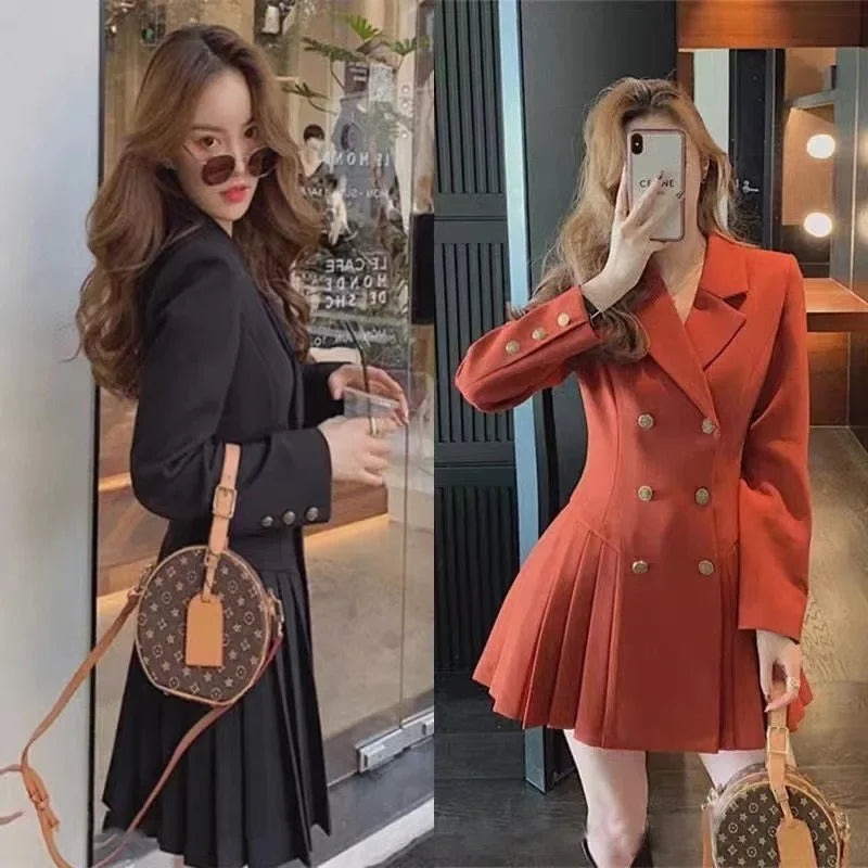 Elegant Double-Breasted Suit Dress Skirt Style Polyester Fiber Full Sleeve Regular Neckline Empire Waist Midi Length Dress