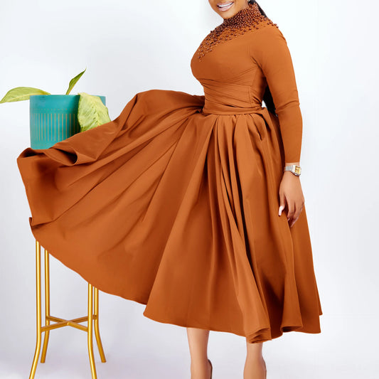 Fashionable High-collar Elegant Embroidered Large Dress Women Waist-shaping African Dress Trendy Plain Pattern Long Skirt