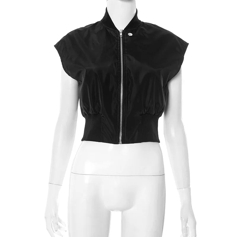 Joskaa Casual Black Cardigan Tops Women Hipster O-Neck Sleeveless Zipper Vests Jackets 2025 Summer Outerwear Y2K Streetwear