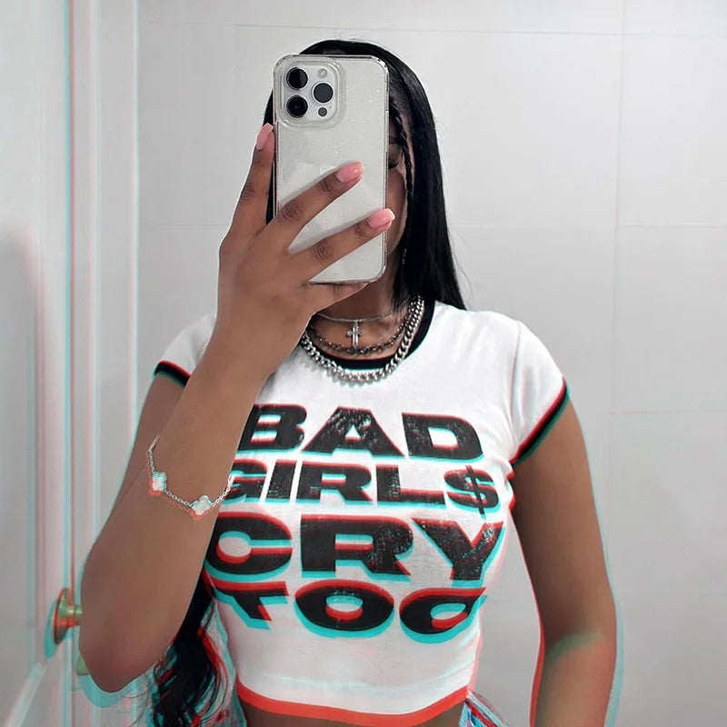 Joskaa 2025 Summer Women's Graphic Print T-Shirt Casual Color Block O-Neck Short Sleeve Slim Tees Y2K Streetwear Fashion Tops