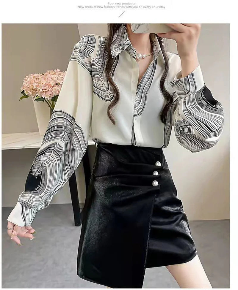 Shirt Women's Design Sense Niche Long-Sleeved Blousers 2025 Spring And Autumn Korean Retro Buttton Chiffon Shirt Top Printed 102