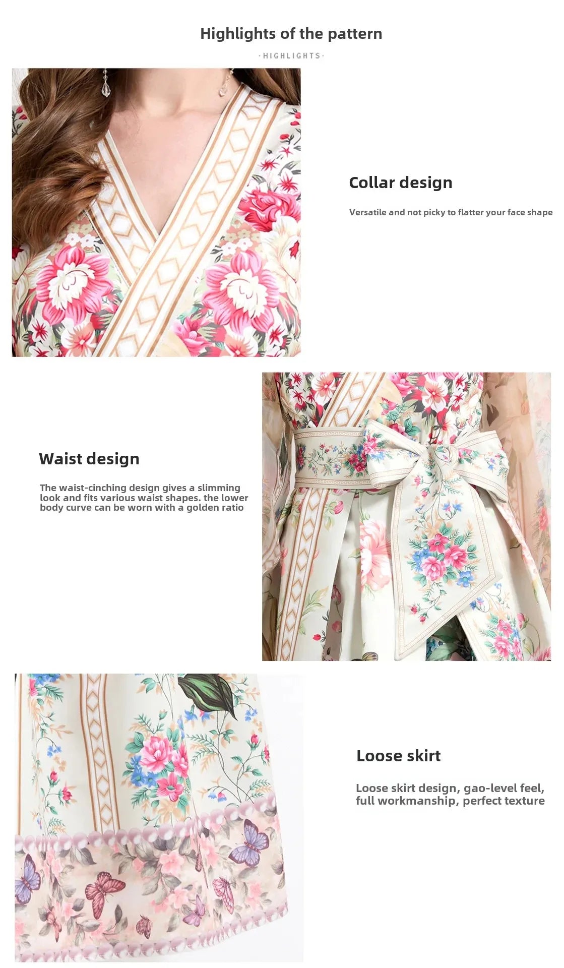 Retro Court Style V-Neck Lace Lantern Sleeve Belted Waist Design Large Print Dress Floral Print Women's Dress Fashionable Gown