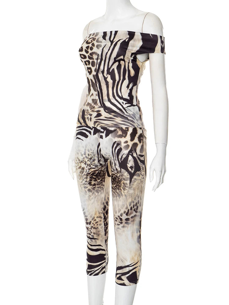 Weird Puss Leopard Print Fashion 2 Piece Set Women Slash Neck Backless Top+Skinny Peach Hip Crop Pants Hottie Hipster Streetwear