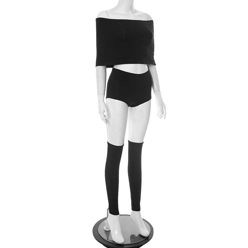 Weird Puss Summer 2 Piece Set Women Simple Trend Slash Neck Mid Sleeve Crop Tops+Shorts+Foot Cover Matching Streetwear Outfits