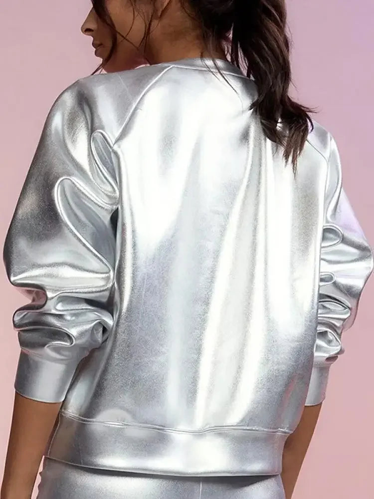 2024 New Autumn Women's Pullover Sweatshirt Silver Simple Casual Shirt Streertwear Female Long Sleeves Tops T-shirts