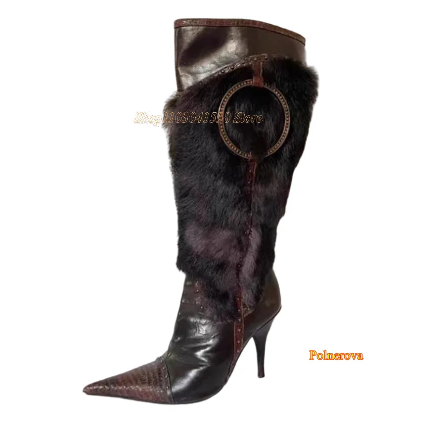 Winter Furry Leather Knee High Boots,Crocodile Pattern Pointed Toe Stiletto Women Shoes Zipper Boots2023 New Zapatos Para Mujere