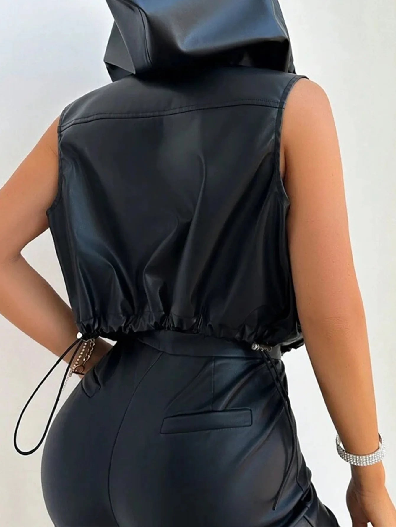 European and American fashion women's draw rope with hat three-dimensional pocket zipper PU leather vest for women