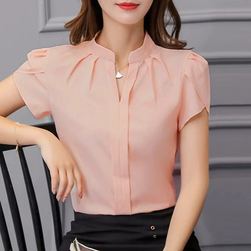 ZANZEA Formal Office V-neck Blusas Women Chiffon Blouses Elegant Ruffles Short Sleeve Tops 2024 Summer Solid Pleating Shirts