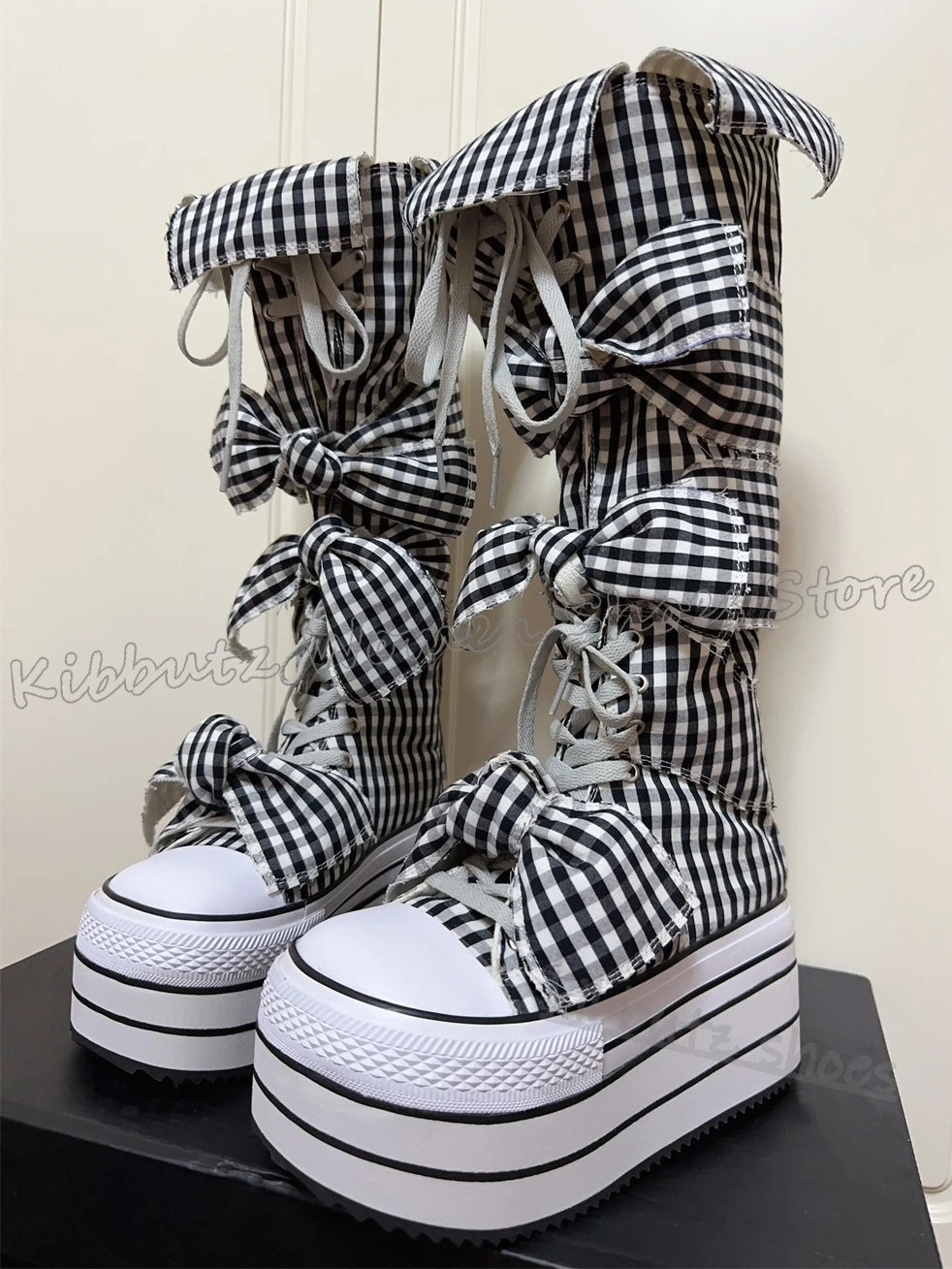 Checkered Canvas Boots Knee High Platform Lace-Up Mixed Color Fashion Elegant Luxury Novelty Women Shoes Round Toe Thick Bottom