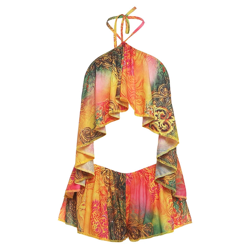 Colorful Print Halter Backless Two Piece Set for Women