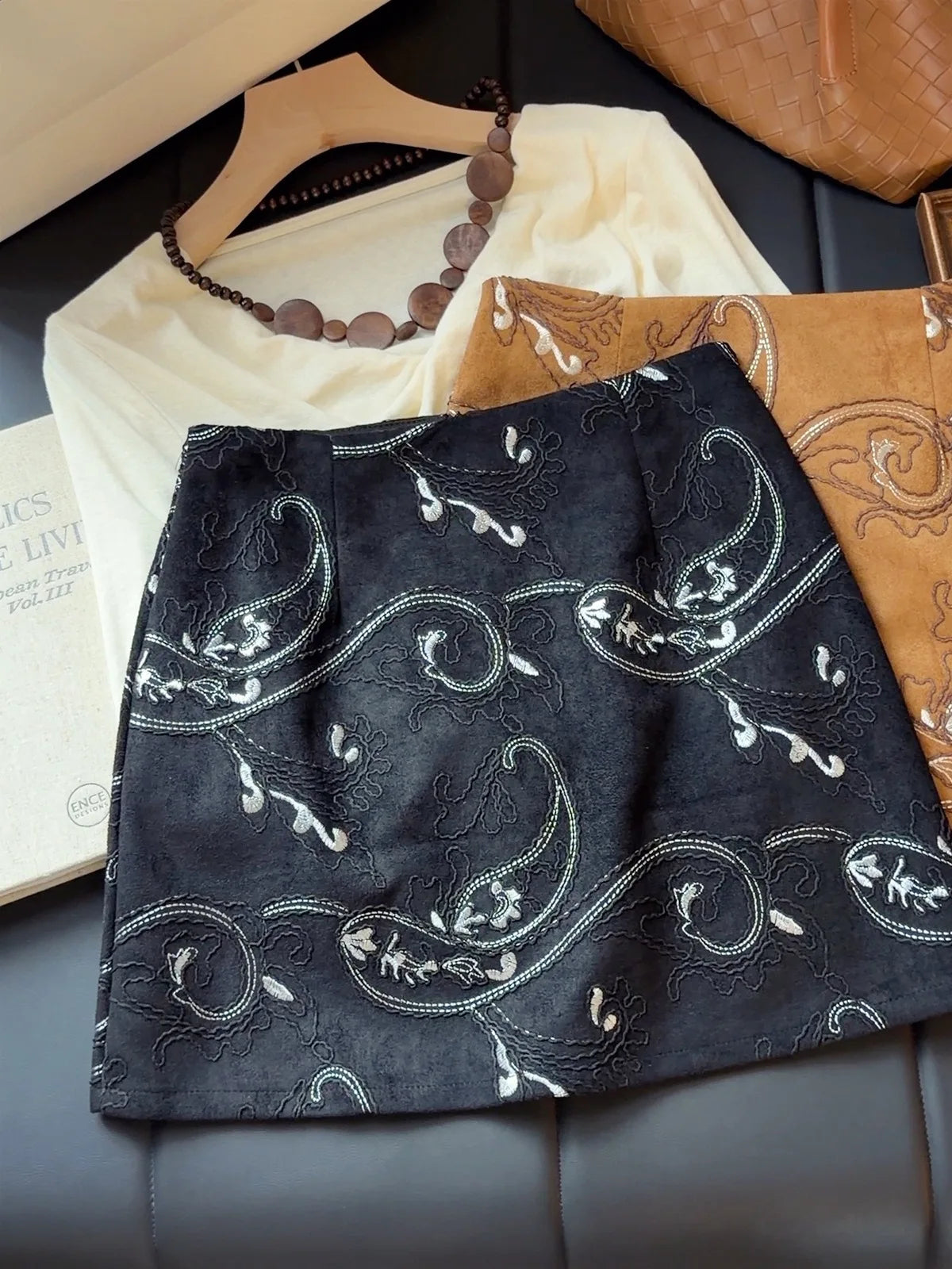 Embroidered Suede A-Line Mini Skirt