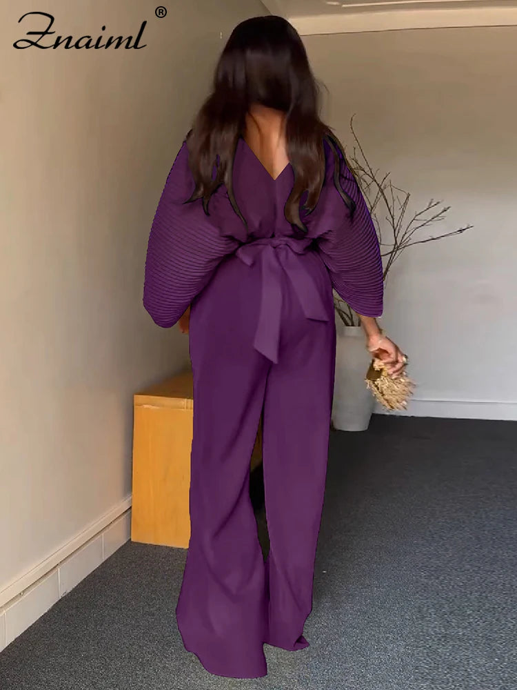 Znaiml Pleated Blouse V Neck Full Sleeve and Wide Leg Pants Women Loose 2 Pieces Sets Elegant Office Ladies African Outfits 2025
