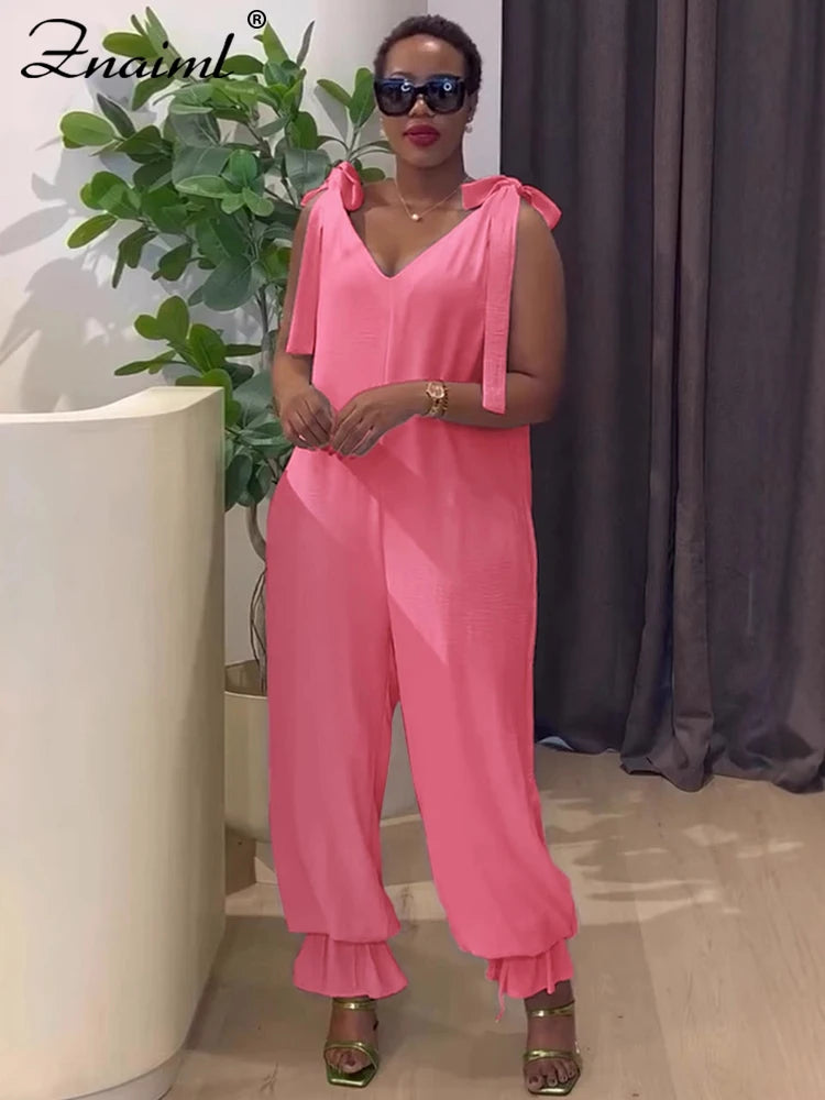 Znaiml Casual Lace-up Bandage Jumpsuit Green Loose Wide Leg Jogger Pants Women V-Neck Sleeveless New In One Pieces Rompers 2025