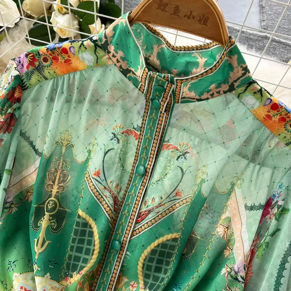 Women's Turtleneck Lantern Sleeve Single Breasted Flower Print Maxi Dress Autumn Bohemian Chiffon Green Belt Holiday Vestidos