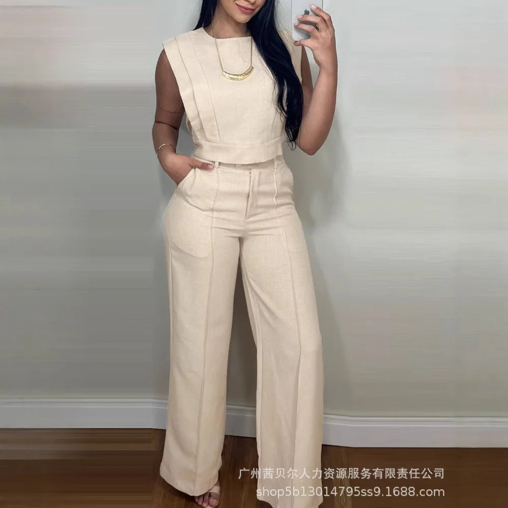 Two Piece Sets Women Pant Set Matching Sets Vest Short Tops High Waist Wide Leg Long Pants Casual Work Elegant Y2k Streetwear
