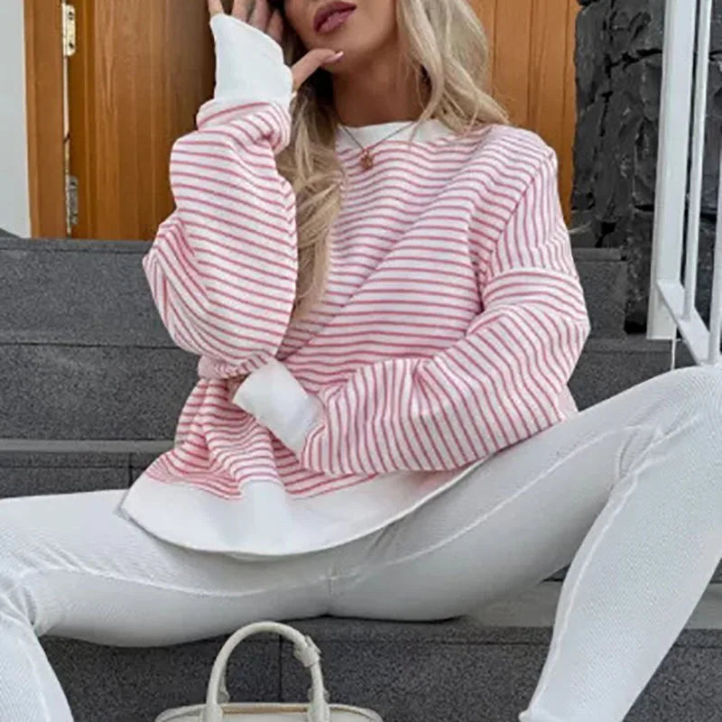 Casual High Street Long Sleeved Loose Hoodie Women's Fashion Patchwork Sweatshirt Top New 2025 O Neck Striped Printed Pullover